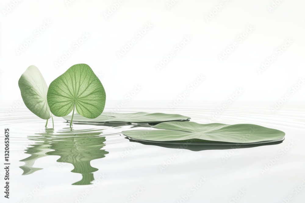 Poster Delicate lily pads floating on calm water under soft light at a serene pond