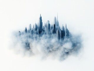 Fototapeta premium Surreal misty city skyline emerging from dense fog creating an ethereal dreamlike landscape concept with floating architecture elements