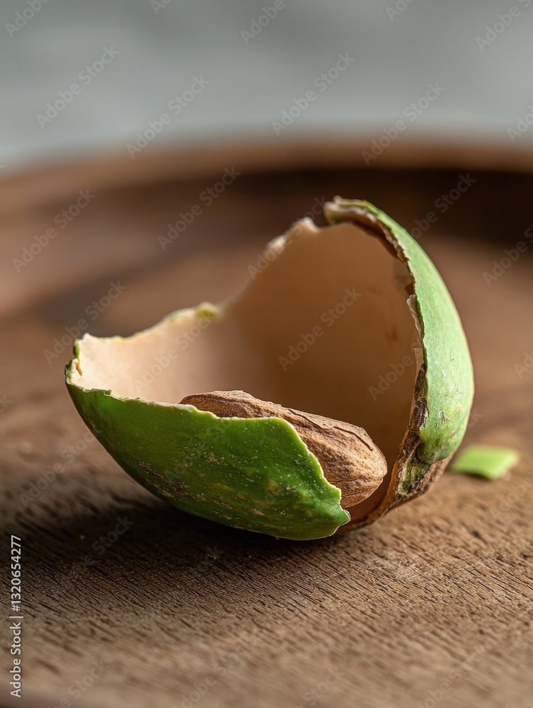 Poster close-up of an open avocado shell on a wooden surface. the shell is green in color and appears to be
