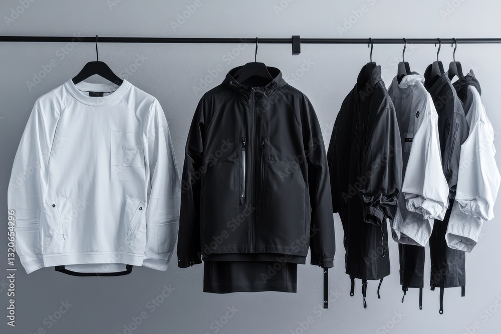 Aufkleber modern urban apparel displayed in a minimalist setting with contrasting colors and sleek designs