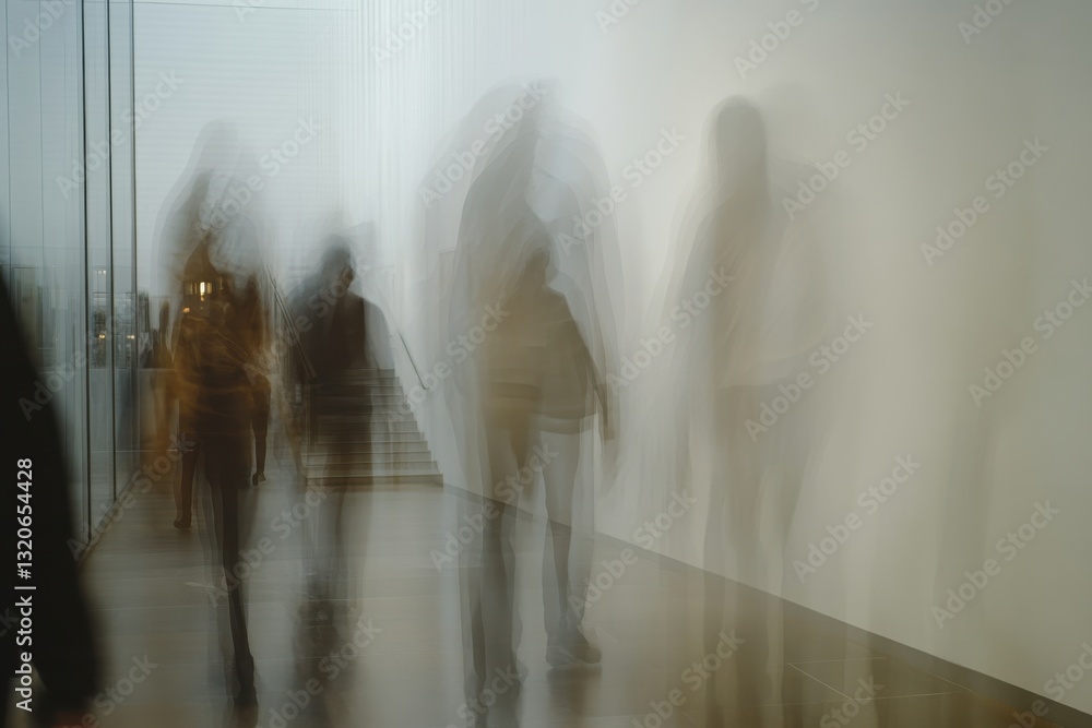 Aufkleber people walking in a gallery during a cloudy evening creating a mysterious atmosphere with blurred mo