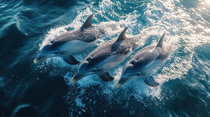 Obraz premium Five dolphins swimming together create a beautiful aerial scene of marine wildlife in turquoise water.