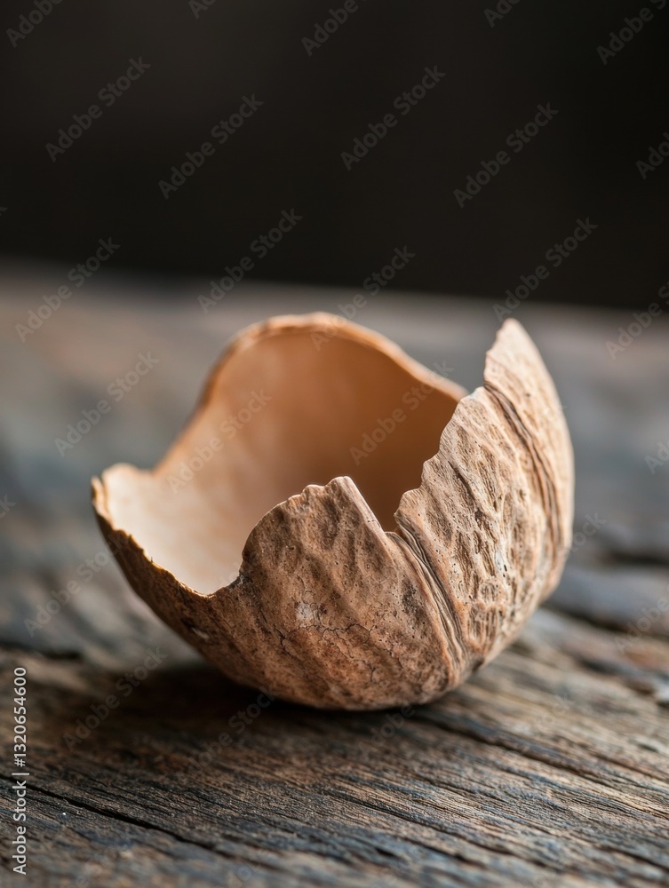 Poster close-up of an open shell on a wooden surface. the shell appears to be made of a light-colored mater