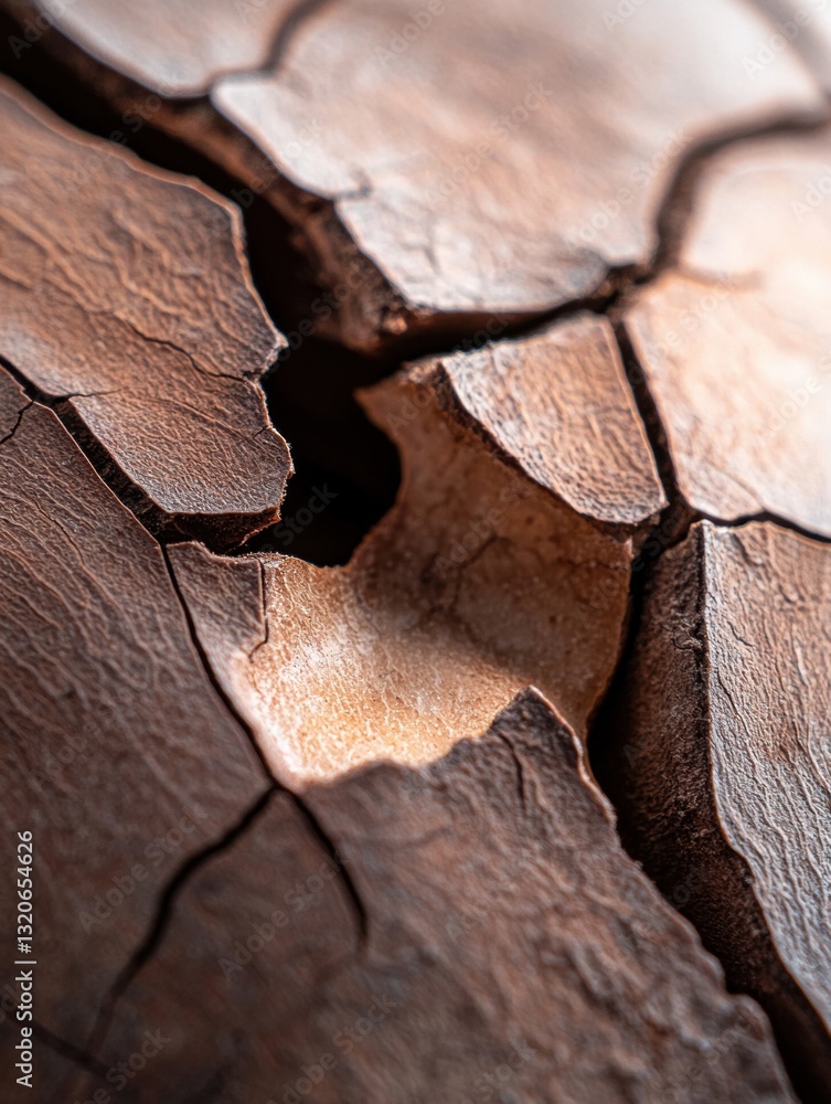 Poster close-up of a crack in a tree trunk. the crack appears to be deep and wide, with deep grooves and ja