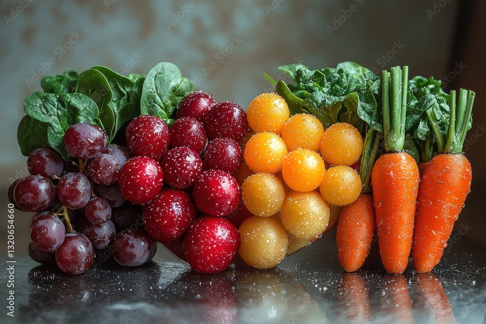 Poster Fresh and vibrant display of assorted fruits and vegetables on a textured surface in natural lighting