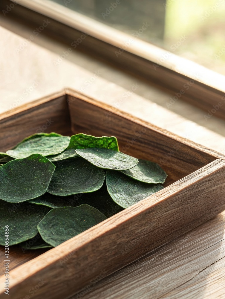 Poster Wooden box filled with green leaves. the box is rectangular in shape and appears to be made of light-colored wood. the leaves are arranged neatly in the box, with some overlapping each other.