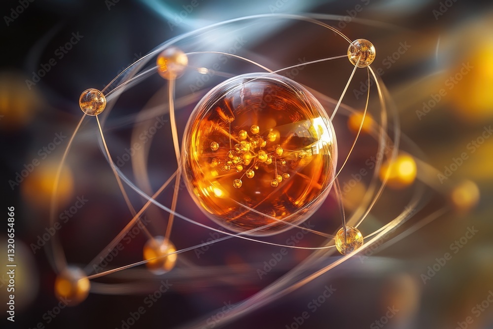 Poster advanced illustration of an atomic structure showcasing electrons orbiting a nucleus in a vibrant co