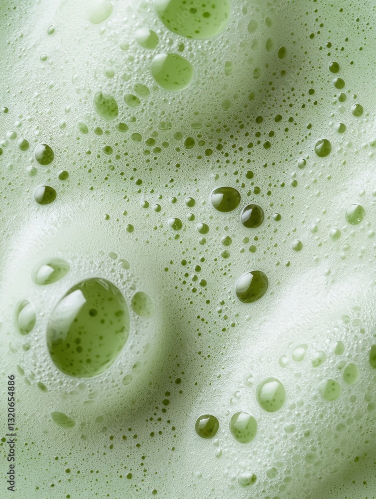 Poster close-up of water droplets on a green surface. the droplets are of different sizes and shapes, with 