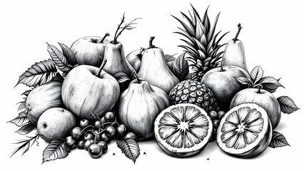 Black and white fruits and vegetables detailed illustrated on white background