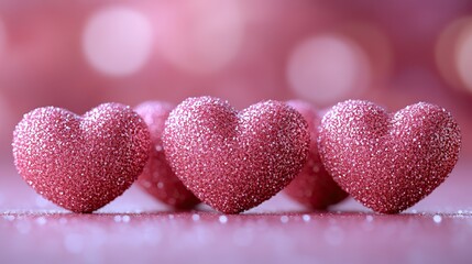 Fototapeta premium Five pink hearts, arranged in a row on a pink background, simply and effectively represent love, affection, and Valentine's Day.