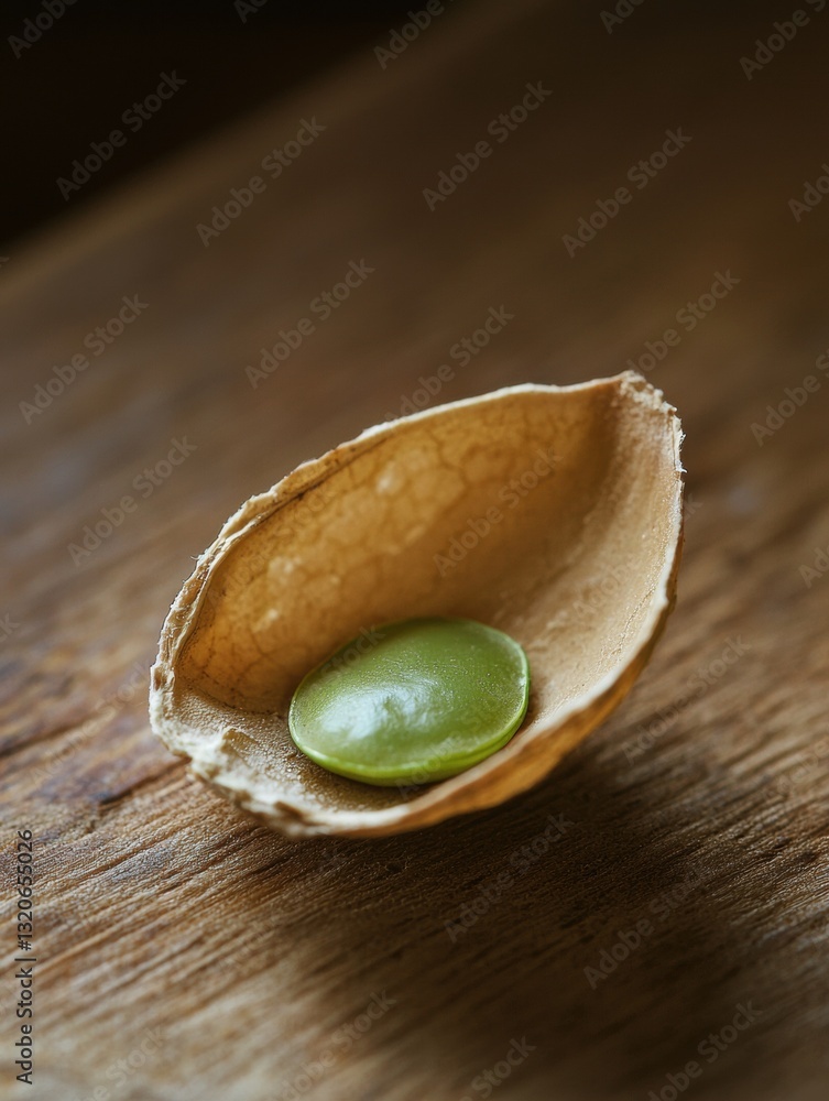 Poster close-up of a small, oval-shaped object on a wooden surface. the object appears to be made of a ligh
