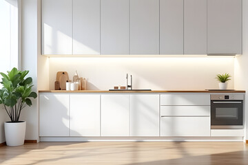 Fototapeta premium Minimalistic kitchen design contemporary home interior photography bright environment modern viewpoint innovative concept