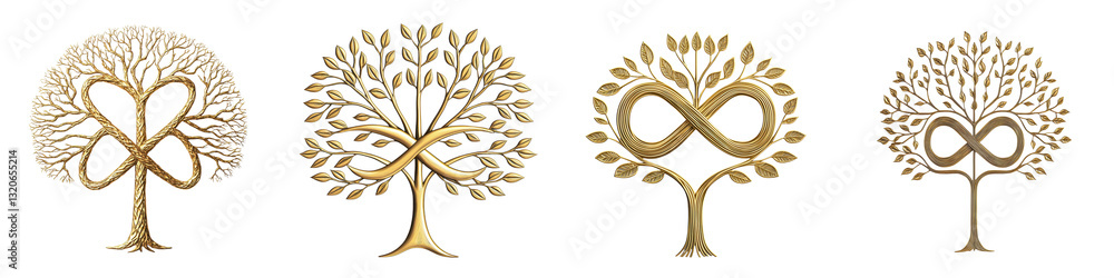 Poster abstract golden tree of life symbol with flowing organic shapes infinite loop design and natural lea
