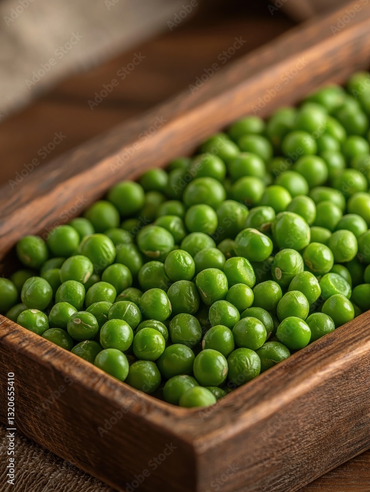 Poster wooden box filled with green peas. the box is rectangular in shape and appears to be made of light-c
