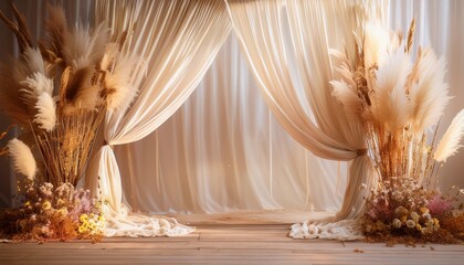 dreamy boho wedding backdrop with soft drapes and dried flowers