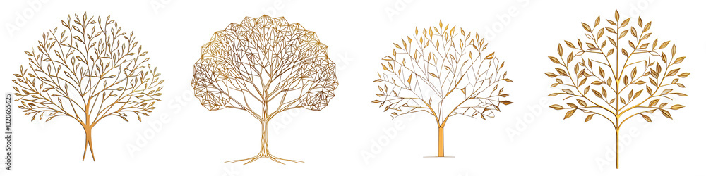 Poster elegant set of minimal outline tree silhouettes and with nature themed graphic design elements in va