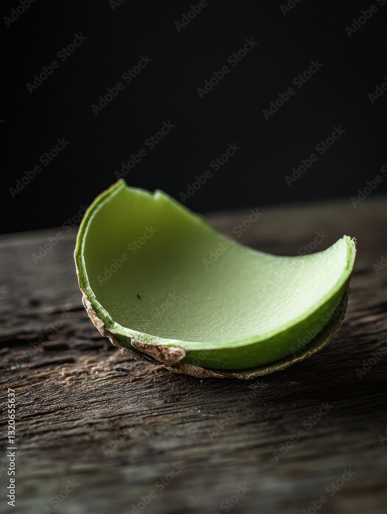 Poster close-up of a single green leaf on a wooden surface. the leaf appears to be fresh and has a smooth t