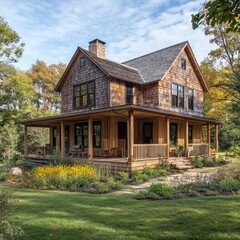Rustic wooden farmhouse with porch