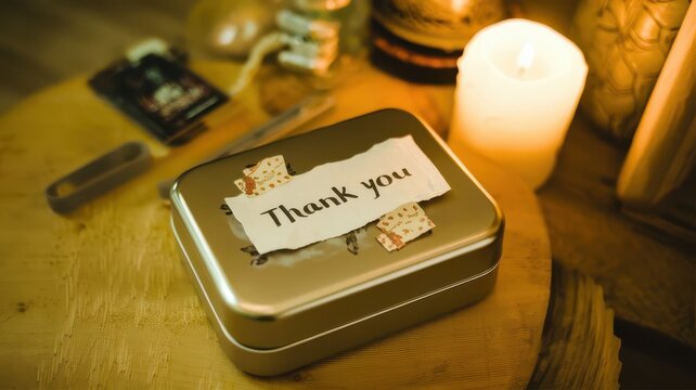 A heartfelt thank you gift, meticulously presented in a vintage-inspired metallic box, illuminated by candlelight.  A token of gratitude and appreciation, captured in a warm, intimate setting.