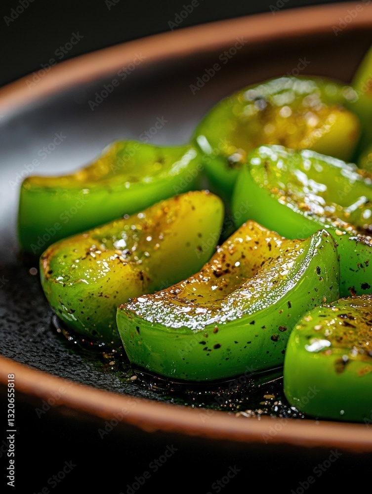 Poster close-up of a plate of sliced green bell peppers. the peppers are arranged in a circular pattern on 