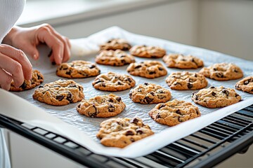 Freshly baked chocolate chip cookies cooling on a wire rack