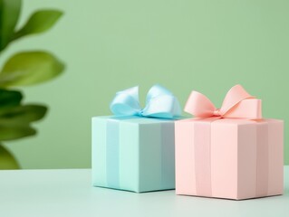 Pastel gift boxes with ribbons in soft blue and pink tones set against a mint green background for elegant celebration and holiday decor