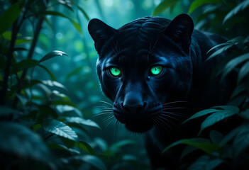 Mystical Black Panther Amidst a Glowing Enchanted Forest at Night