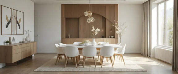 Minimalist dining room design bright modern home interior decor open space wide-angle aesthetic appeal
