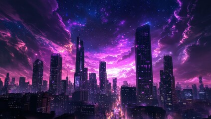 Futuristic city skyline at twilight, purple sunset, starry clouds