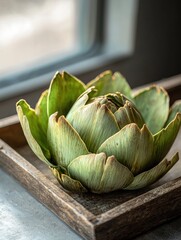 Fototapeta premium Close-up of an artichoke in a wooden tray. the tray is placed on a window sill, and the background is blurred, but it appears to be a kitchen countertop with a window.