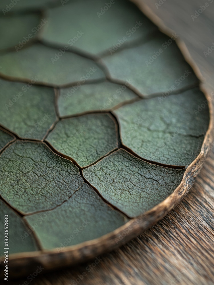 Aufkleber close-up of a leaf-shaped object on a wooden surface. the leaf appears to be made of a dark green ma