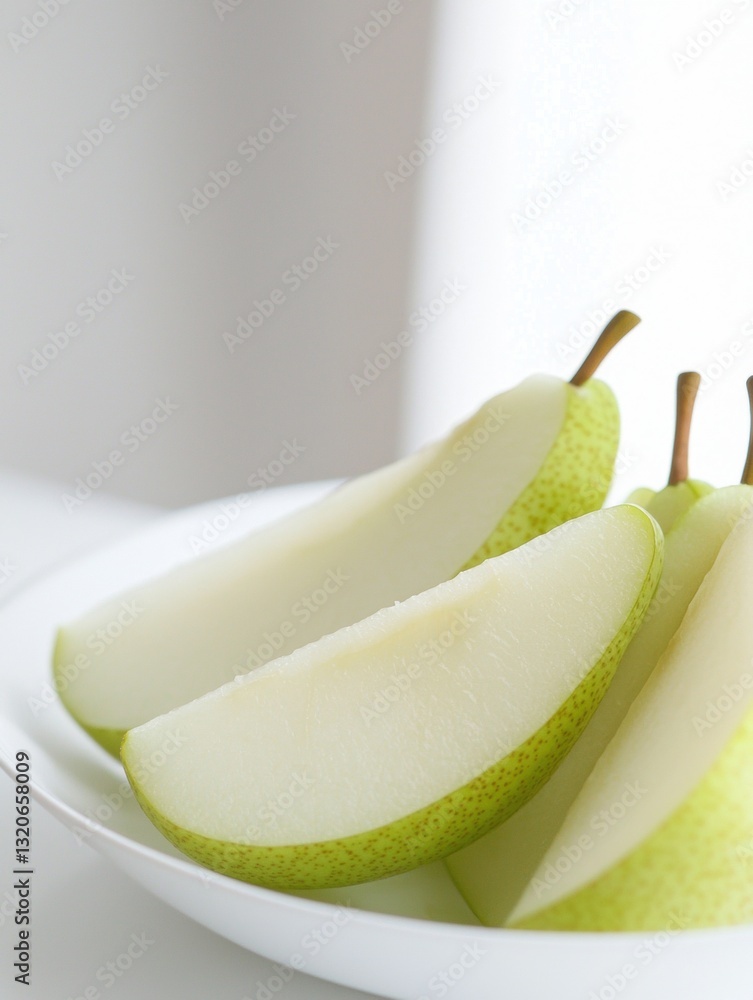 Poster white bowl filled with sliced pears. the pears are arranged in a way that they are overlapping each 