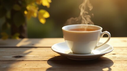 Obraz premium Aromatic Tea in a White Cup on Wooden Table, Basking in Warm Sunlight