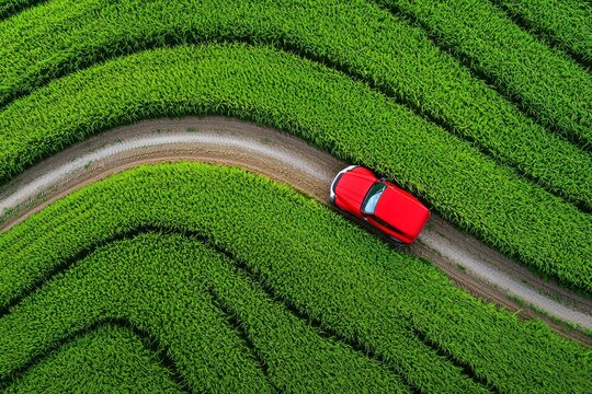 A red car driving through lush green rice fields in a scenic landscape