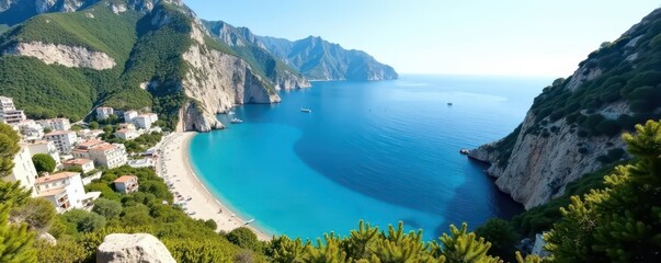 Fototapeta premium Breathtaking Amalfi Coast vista, rugged terrain, azure sea , scenic, holiday