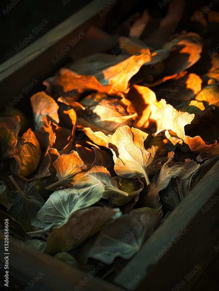 Poster close-up of a wooden box filled with dried leaves. the leaves are orange and yellow in color and app