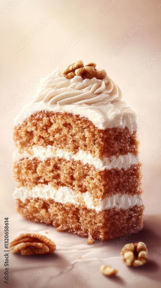 Aufkleber Close-up of a slice of moist cake layered with creamy frosting and topped with pecans capturing the essence of a delightful dessert experience