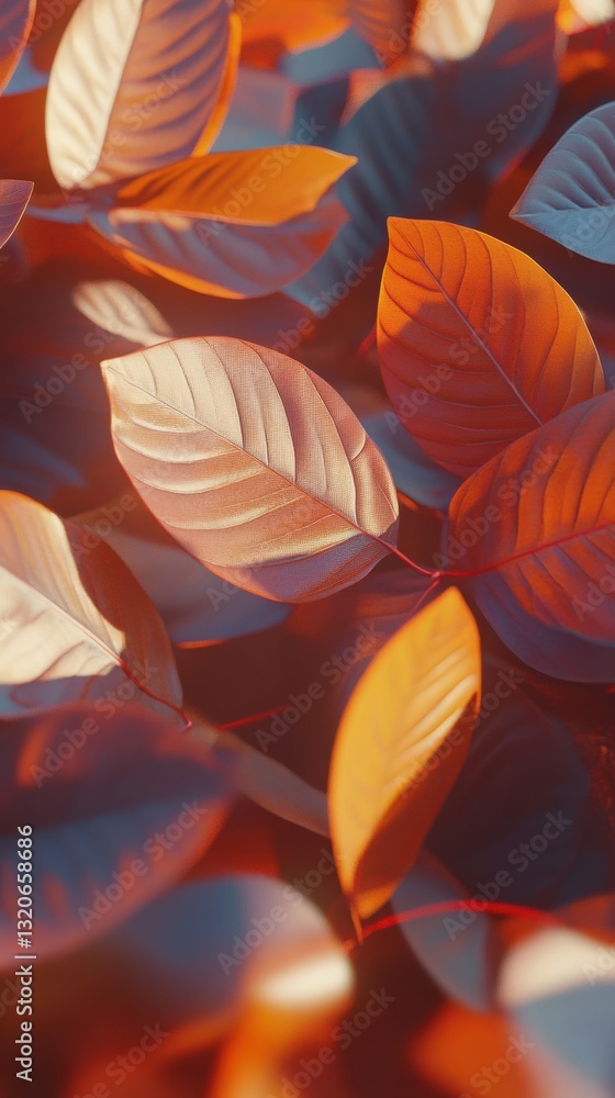 Poster close-up view of a vibrant pile of autumn leaves showcasing warm colors and intricate textures in na