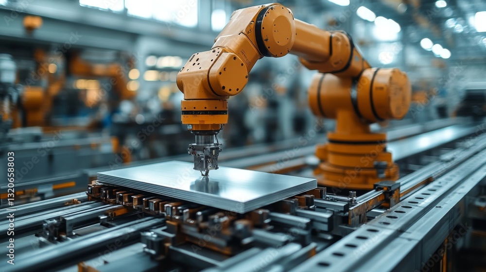 Poster a robotic arm actively engages in precision manufacturing tasks, manipulating sheets of steel and al