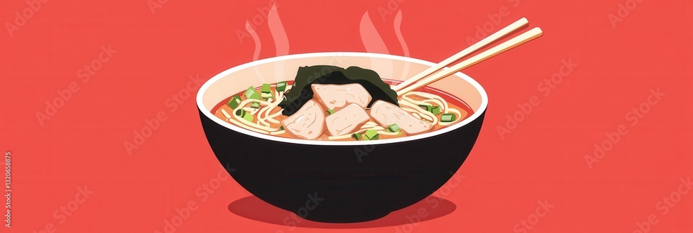 Poster enjoying a steaming bowl of ramen with pork, seaweed, and green onions situated at the intersection 