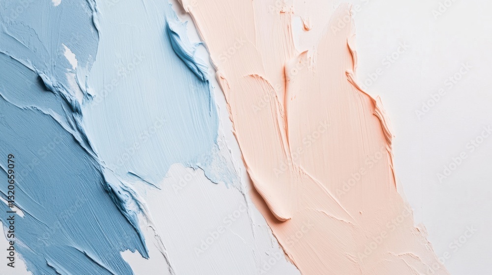 Aufkleber Soft textured layers of blue and peach paint on a white canvas create a serene minimalist visual in a studio setting