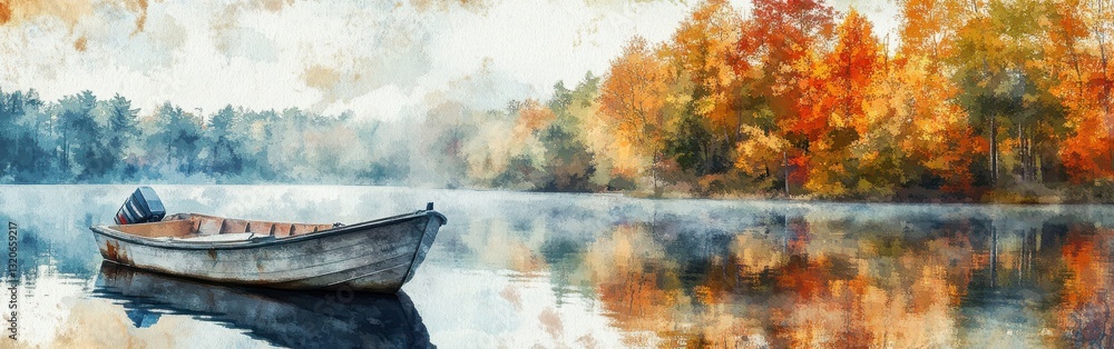 Poster serene autumn reflection in a tranquil lake with a weathered boat surrounded by colorful trees