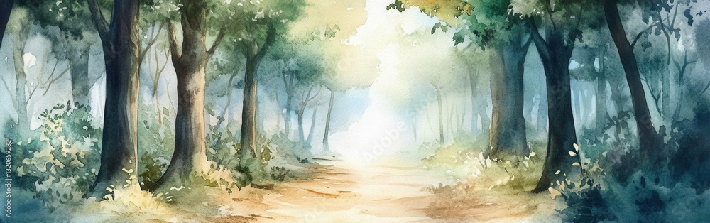 Aufkleber Serenity of a misty forest path illuminated by soft sunlight in a watercolor painting