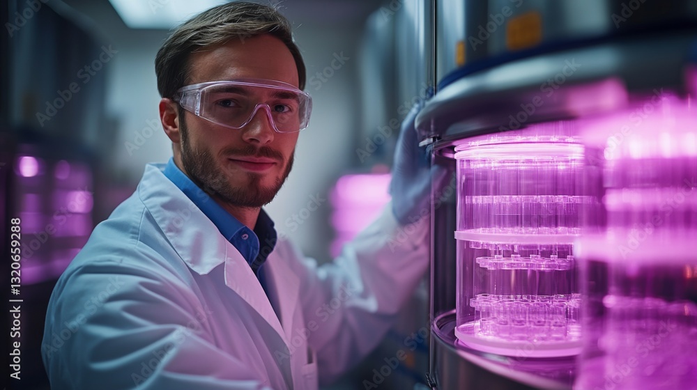 Poster a male engineer in a lab coat and safety goggles operates automated machinery in a chemical synthesi