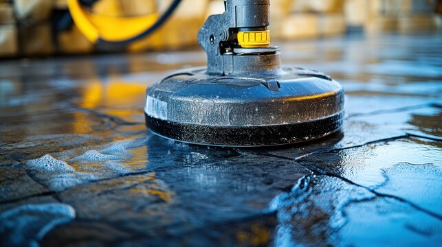 Wet pavement cleaning with a power scrubber