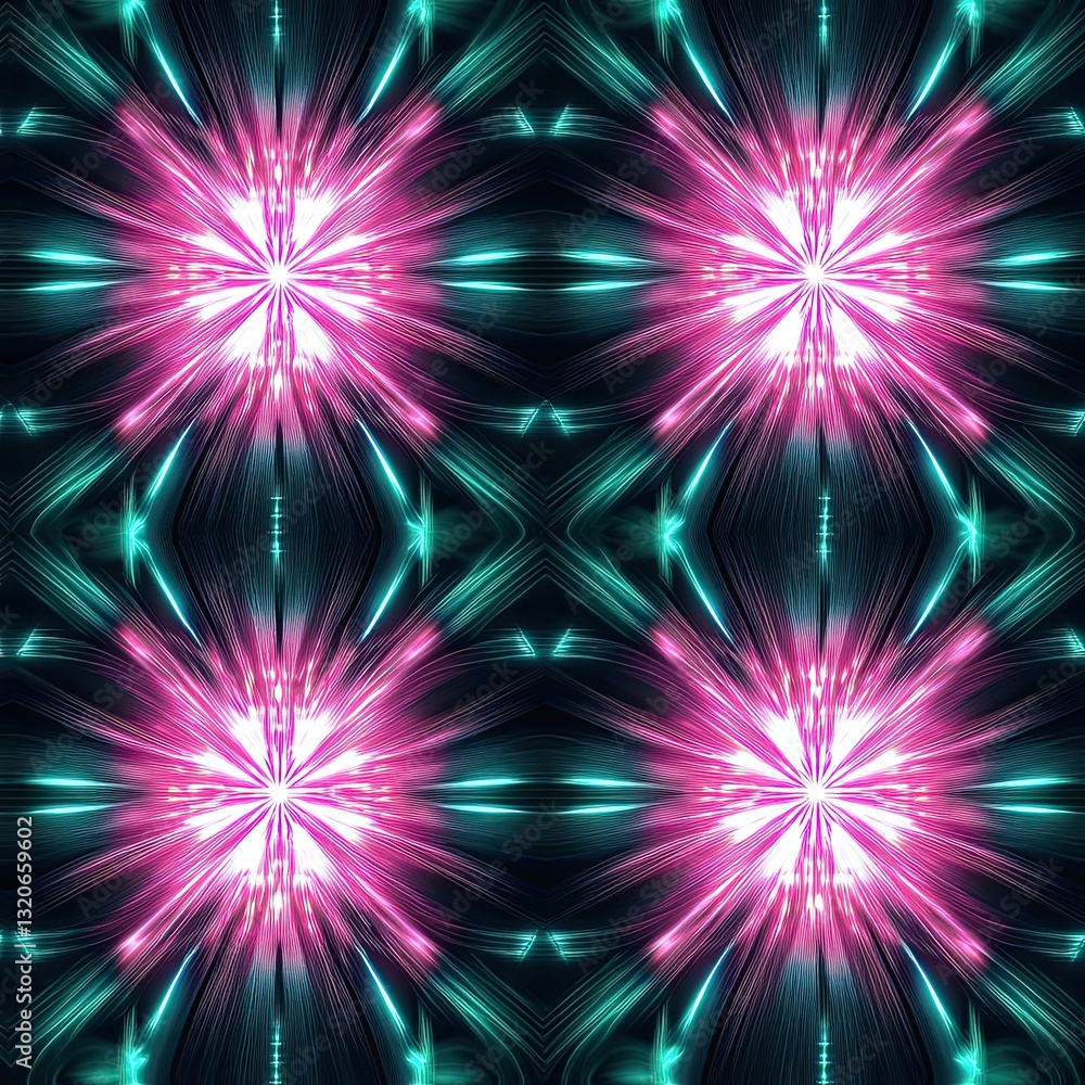 Poster bright neon starburst seamless pattern futuristic glowing rays design