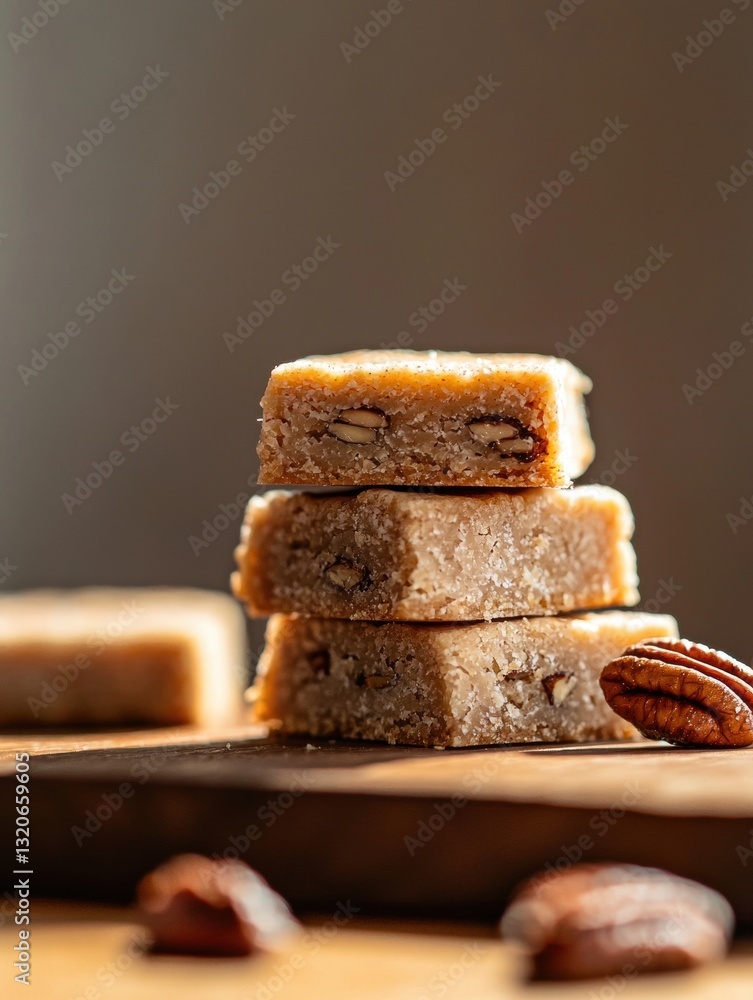Poster stack of three square-shaped bars on a wooden surface. the bars are golden brown in color and have a