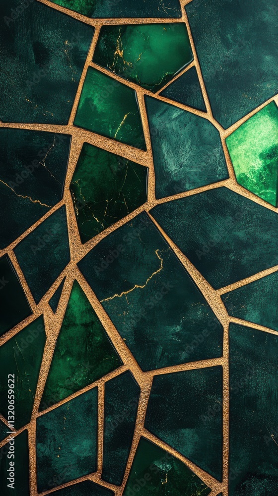 Poster textured geometric design showcasing deep forest green shades with golden accents creating a strikin