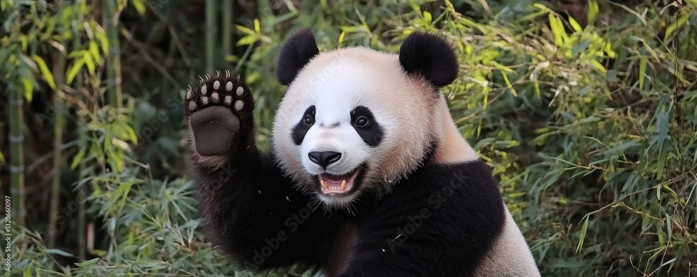 Poster a happy panda waving at the viewer with an open paw