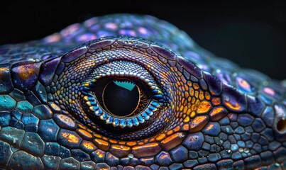 Fototapeta premium Close-up of a colorful reptile eye showcasing intricate patterns and textures in vibrant hues against a dark background.